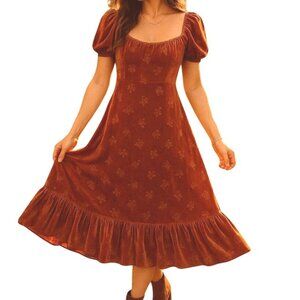 Lait Collection Velvet Dress Size XL Rust Floral Puff Sleeve Ruffle Hem Retro